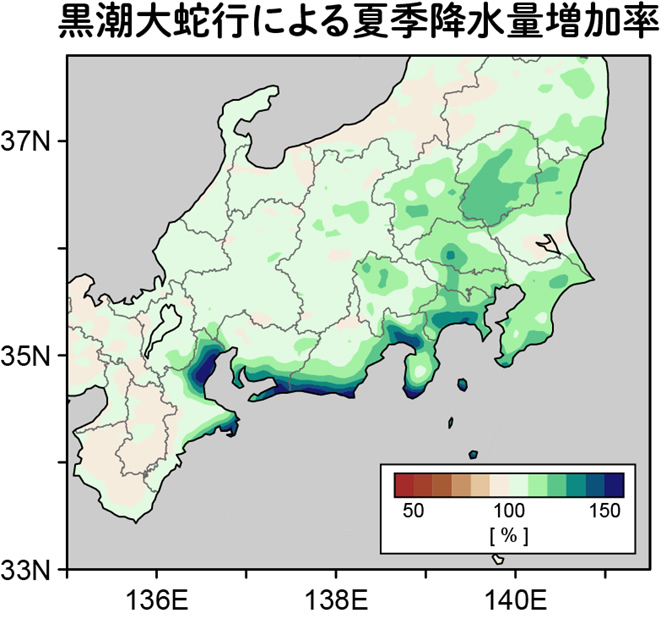 図2.黒潮大蛇行による夏の降水量増加率（気候シミュレーション結果）。